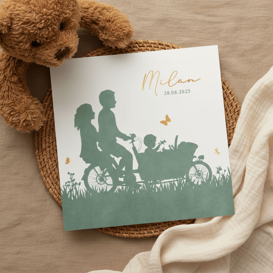 Geboortekaartje met silhouet van bakfiets met 2 broertjes