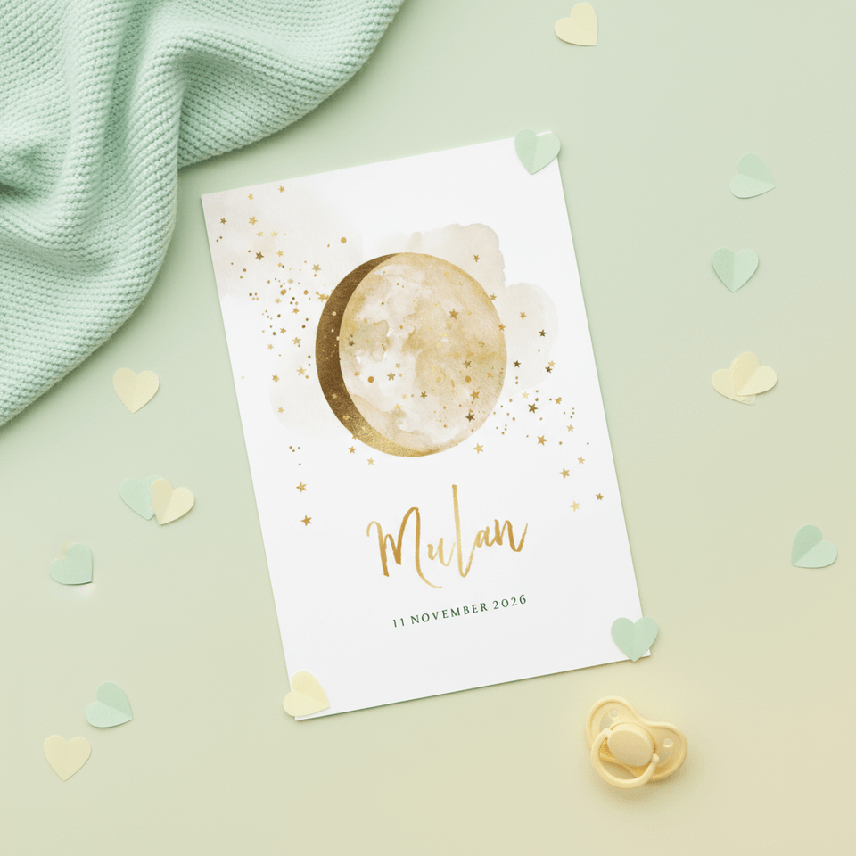 Geboortekaartje met watercolour, maan en sterretjes in goud
