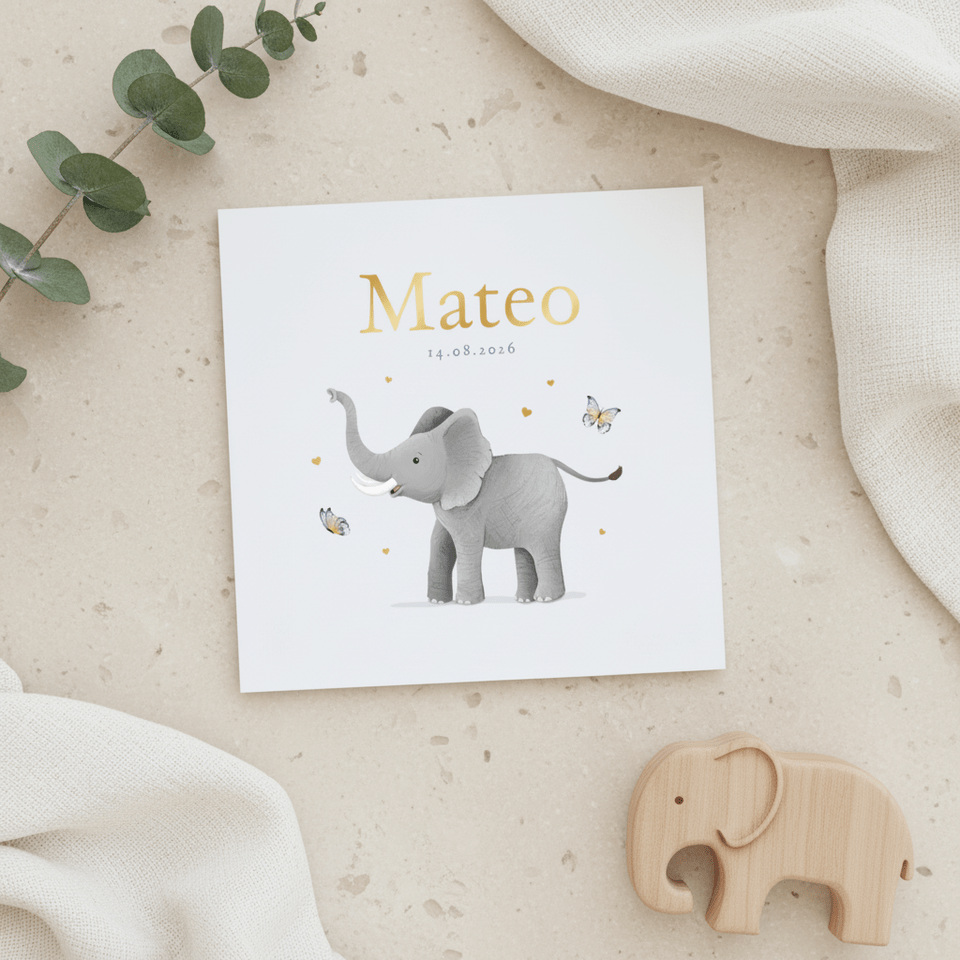 Geboortekaartje olifant vlinders hartjes goud illustratie