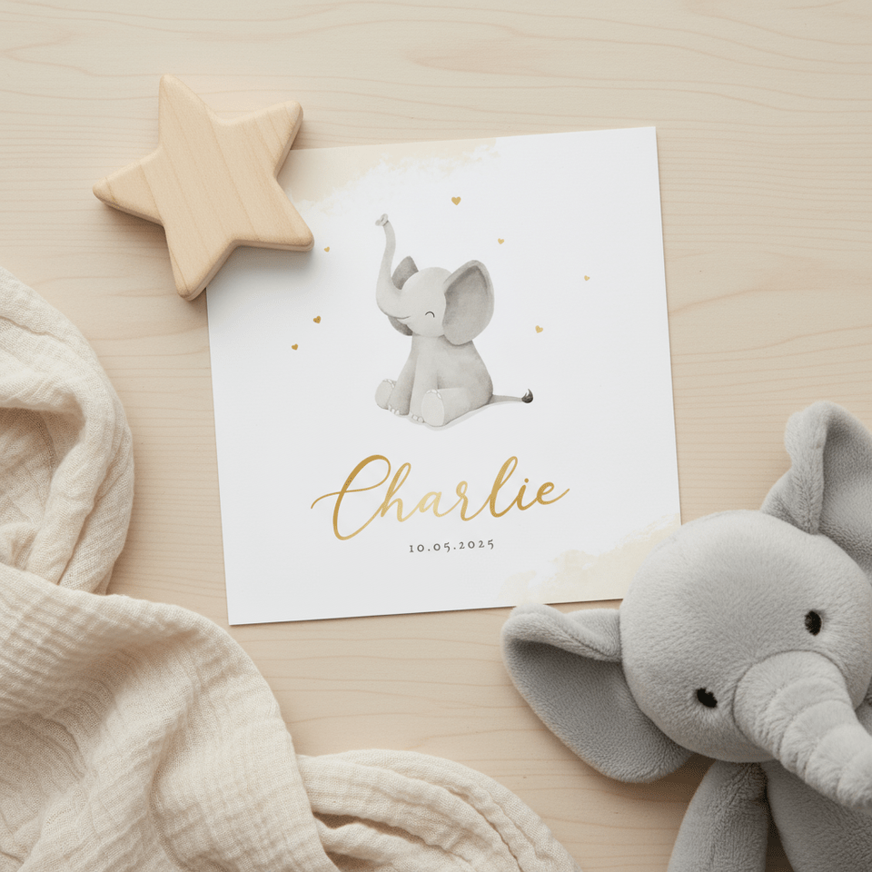 Geboortekaartje olifantje hartjes lief waterverf dieren