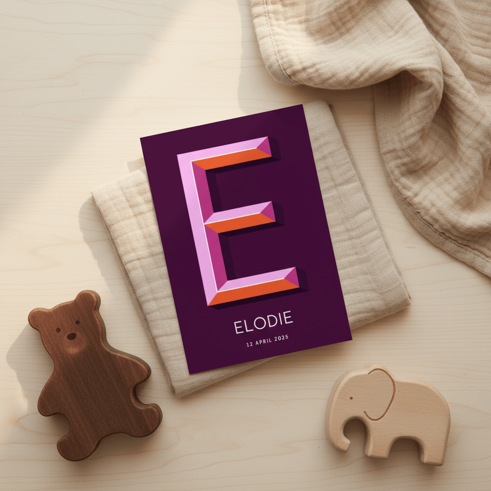 Geboortekaartje paars met gekleurde 3d letter E