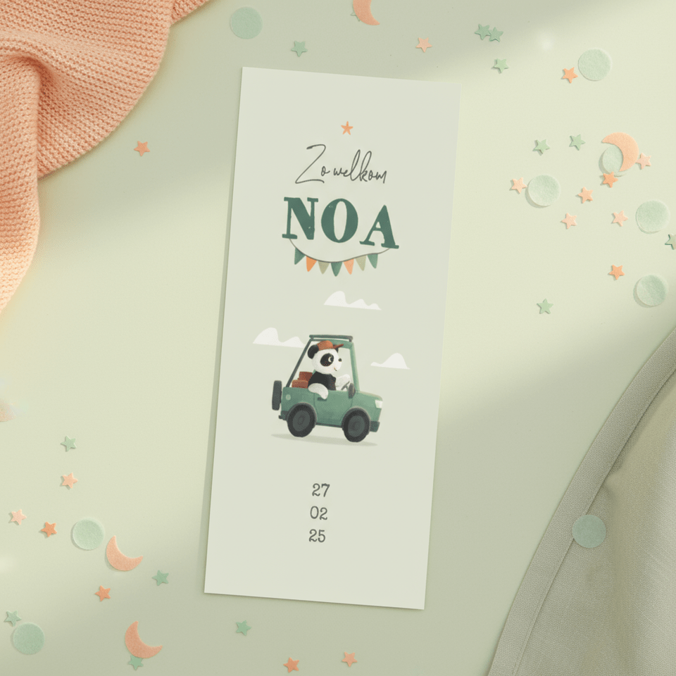 Geboortekaartje panda auto wolken sterren vlaggetjes