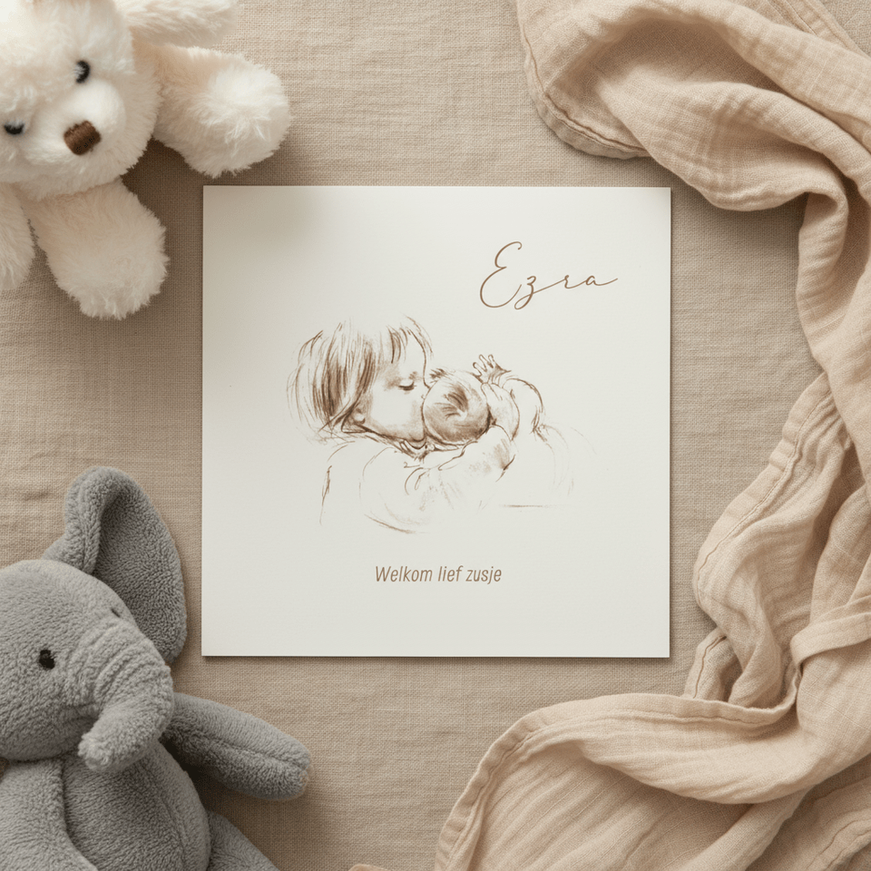 Geboortekaartje pentekening in sepia tweede kindje