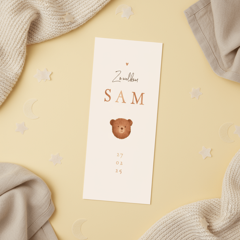 Geboortekaartje schattig beertje stijlvol beige zandkleur