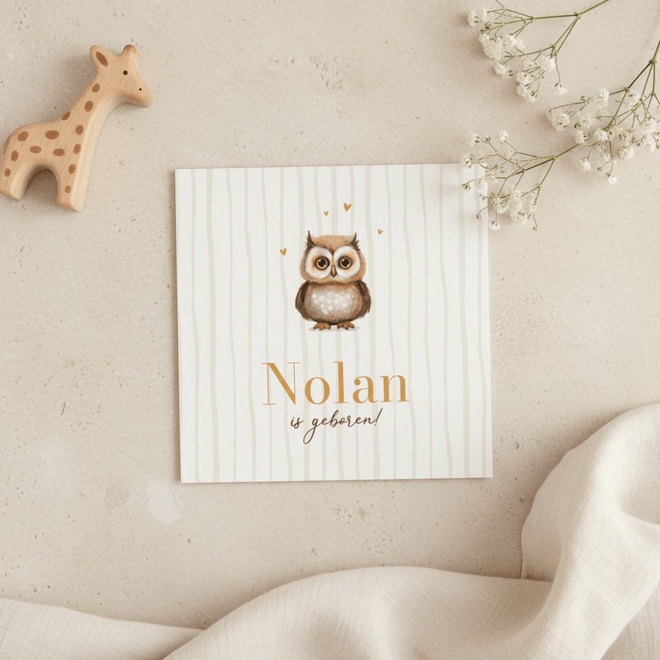 Geboortekaartje schattig uiltje beige lief gestreept