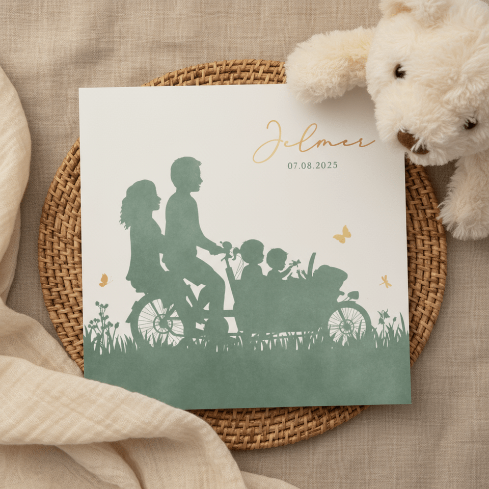 Geboortekaartje silhouet bakfiets 3 kinderen zus broer