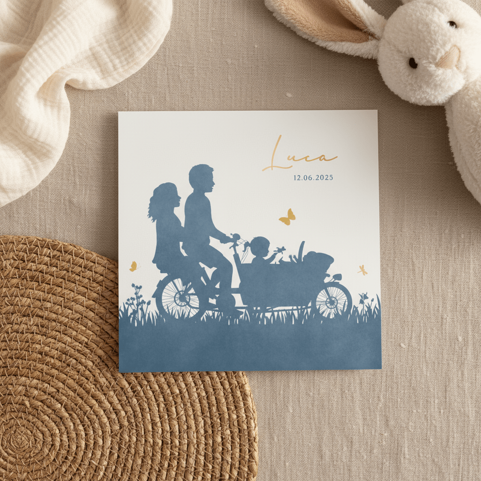 Geboortekaartje silhouet bakfiets met grote zus 