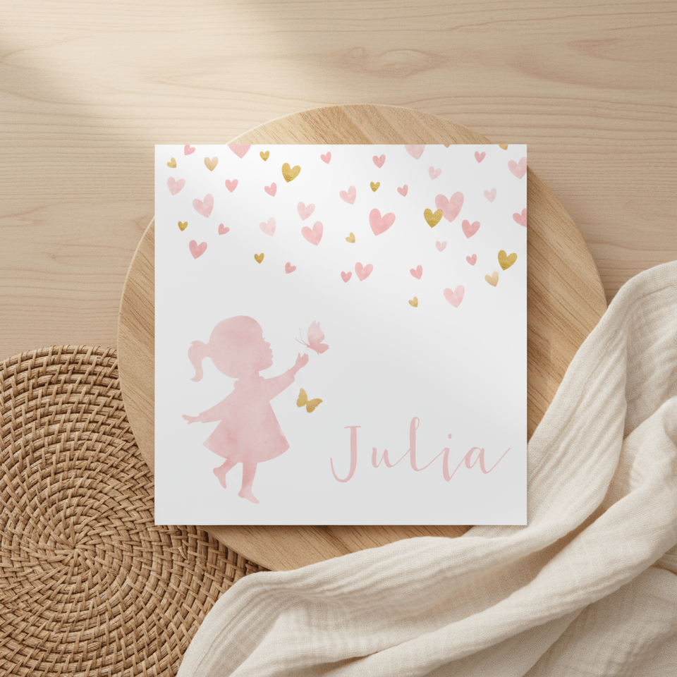 Geboortekaartje silhouet met vlinders waterverf roze en goud