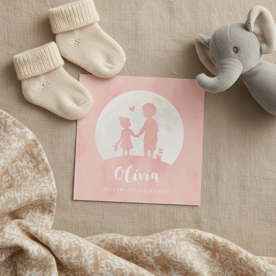 Geboortekaartje silhouet zusje hand in hand met grote broer