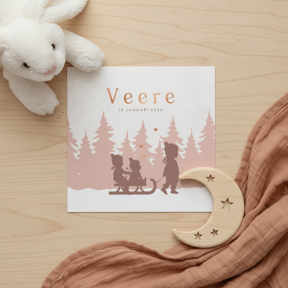 Geboortekaartje slee met drie zusjes