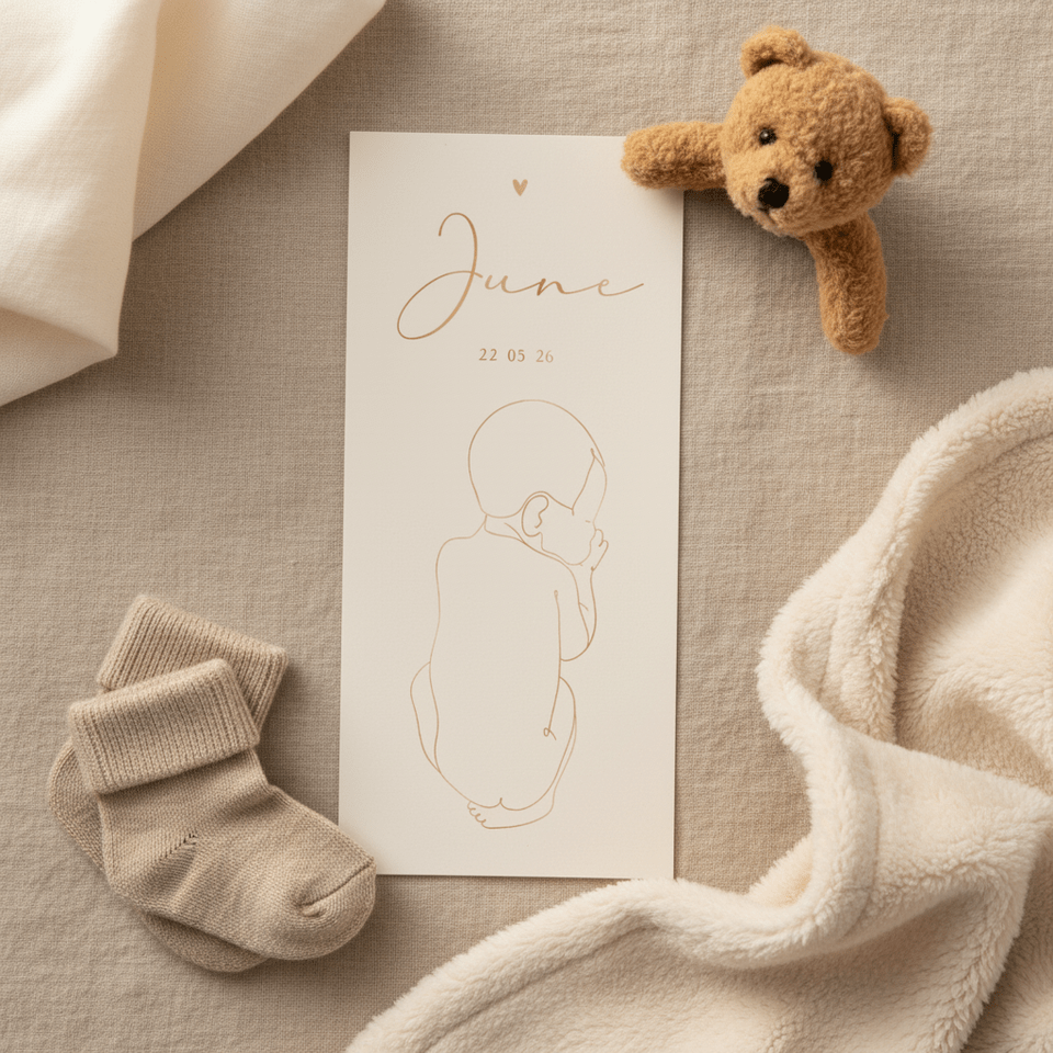 Geboortekaartje stijlvol lijntekening van baby met foliedruk