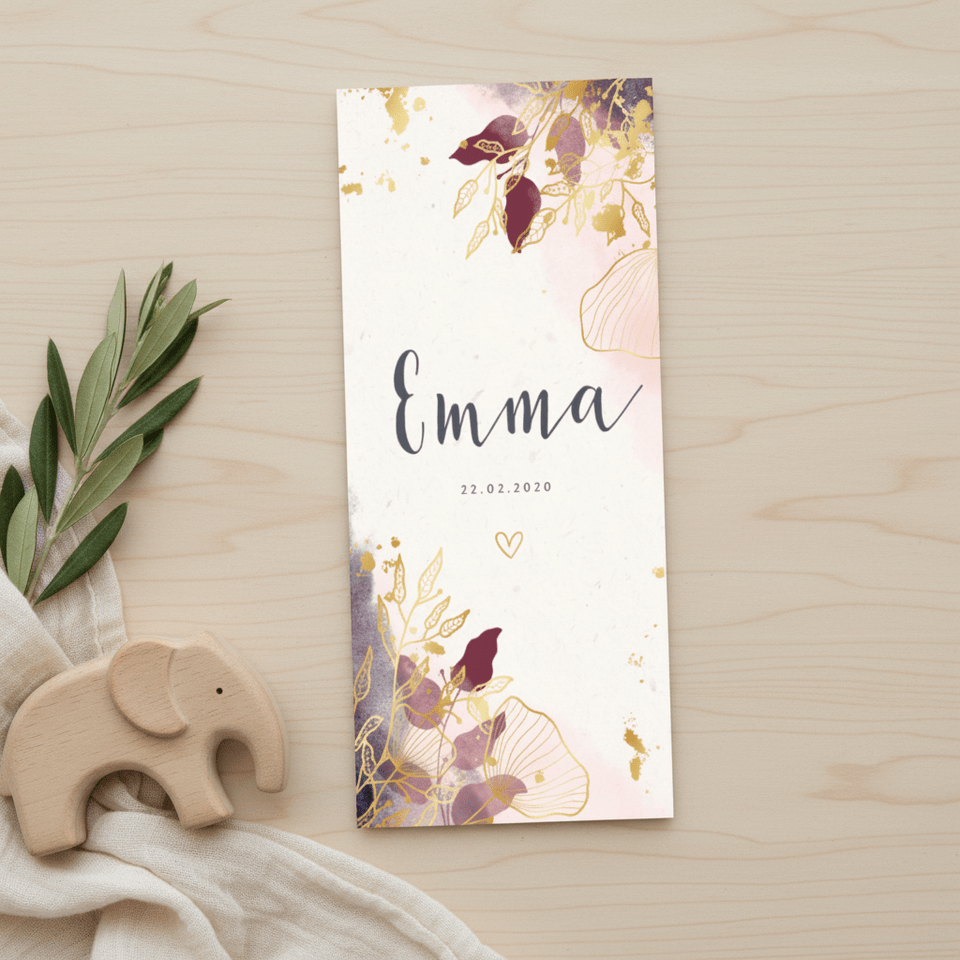Geboortekaartje stijlvol met waterverf en gouden bloemen