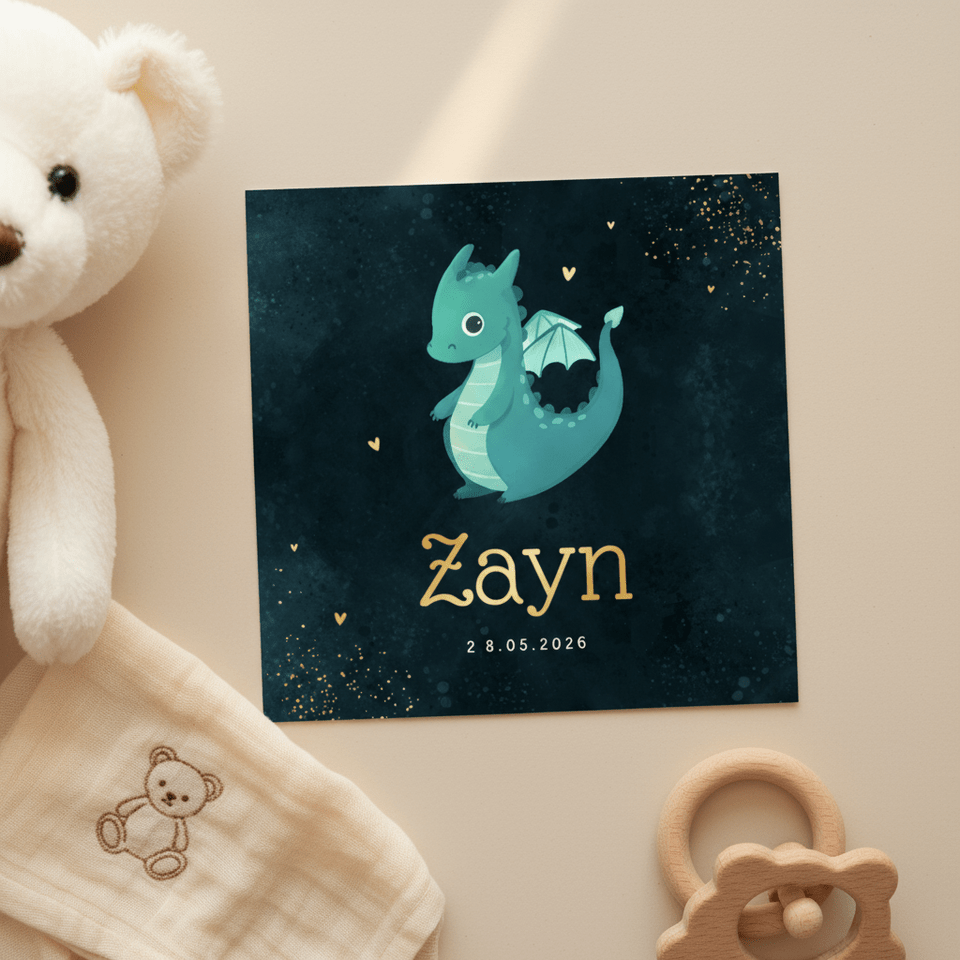 Geboortekaartje stoer draakje donkerblauw hartjes goud