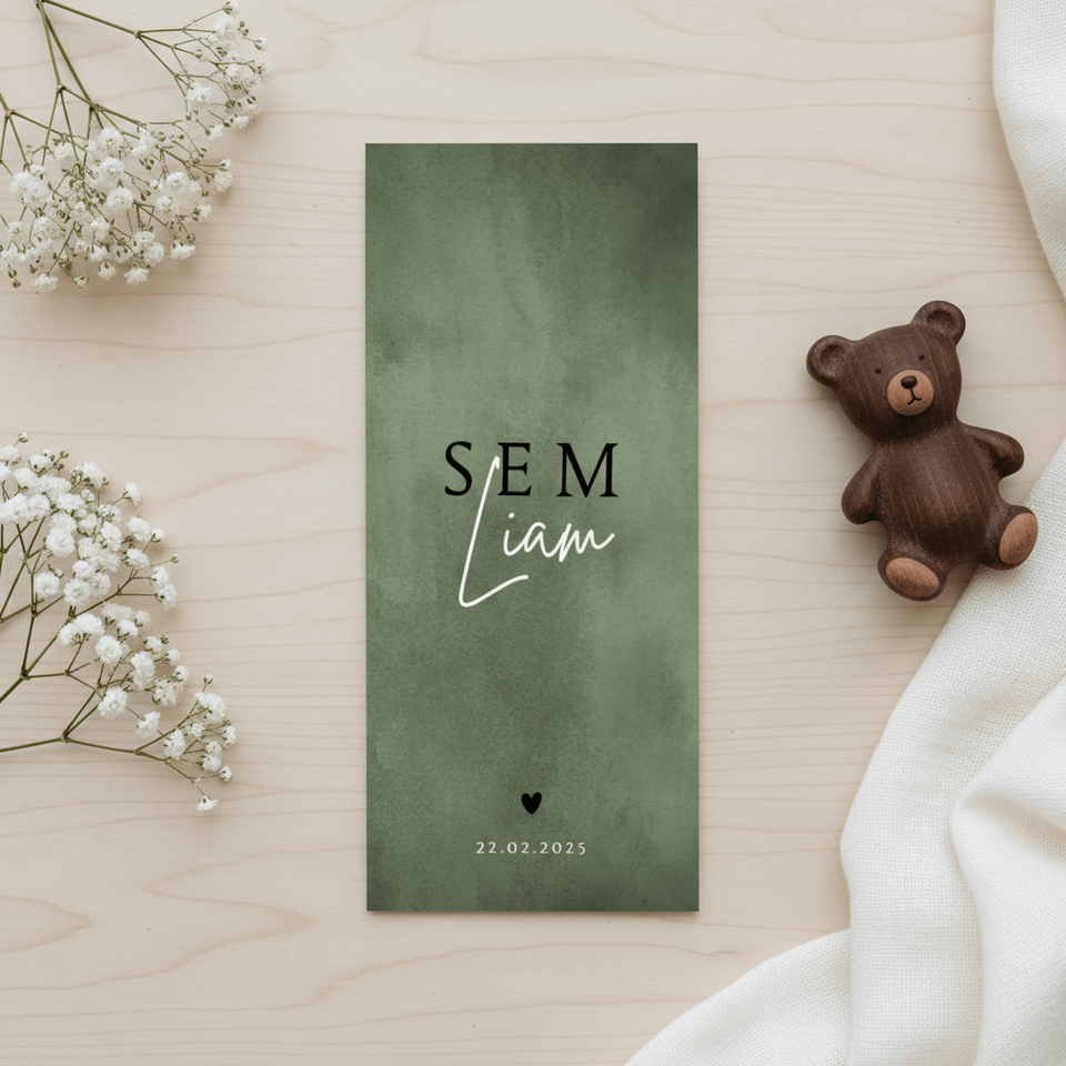 Geboortekaartje stoer met groene waterverf en hartje