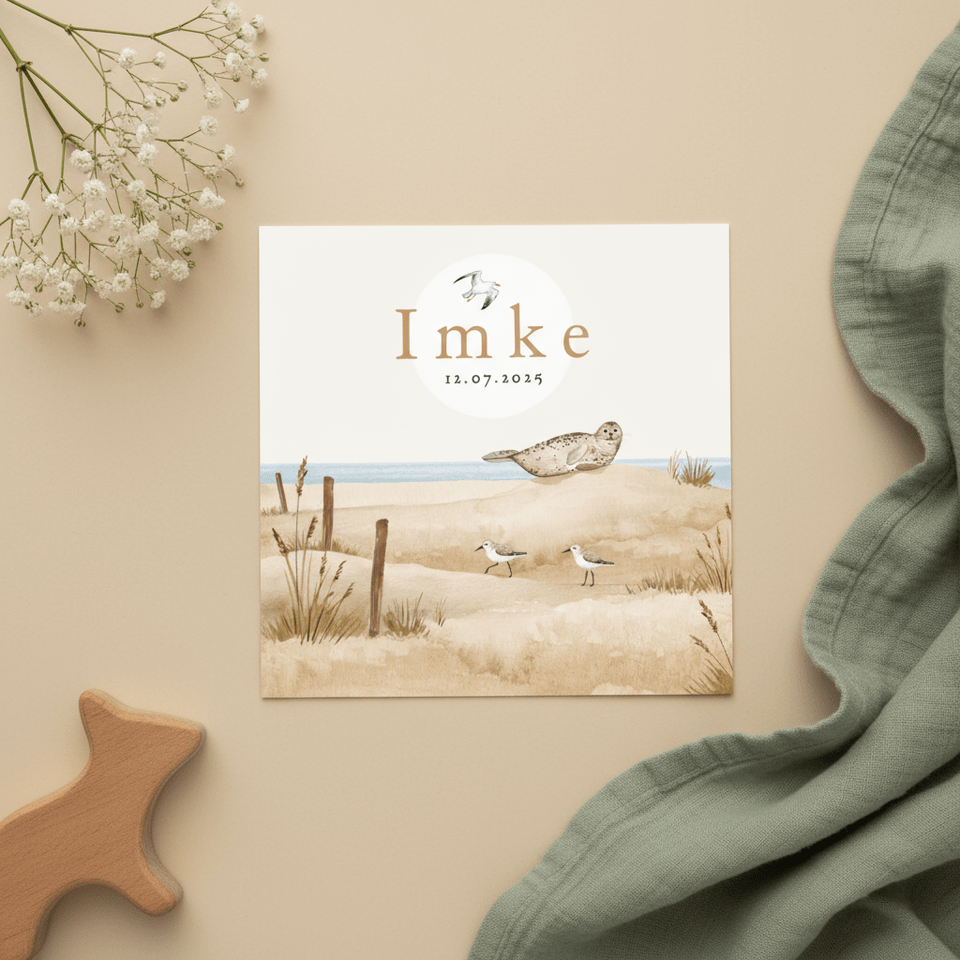 Geboortekaartje strand zee dieren vogels zeehond unisex