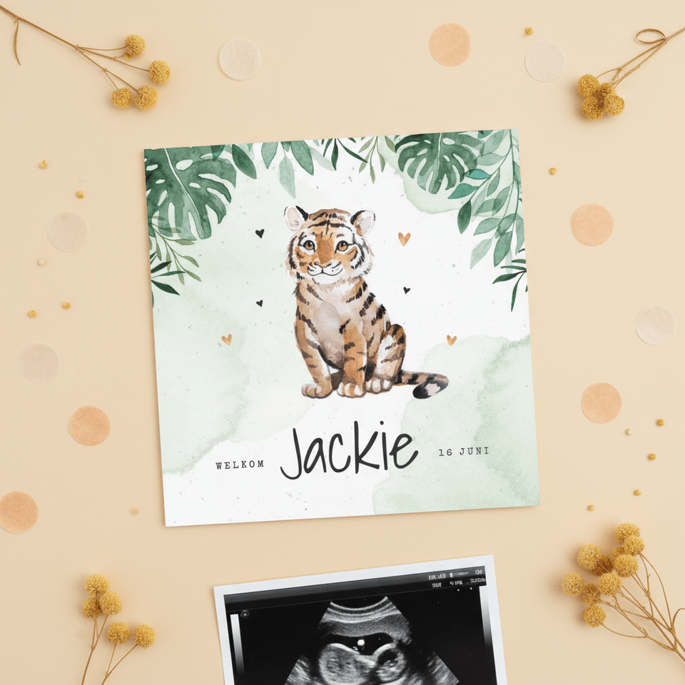 Geboortekaartje tijger jungle botanisch waterverf
