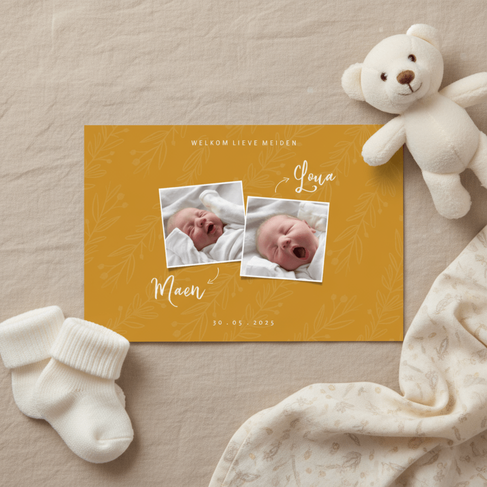 Geboortekaartje trendy oker tweeling met foto's en takjes