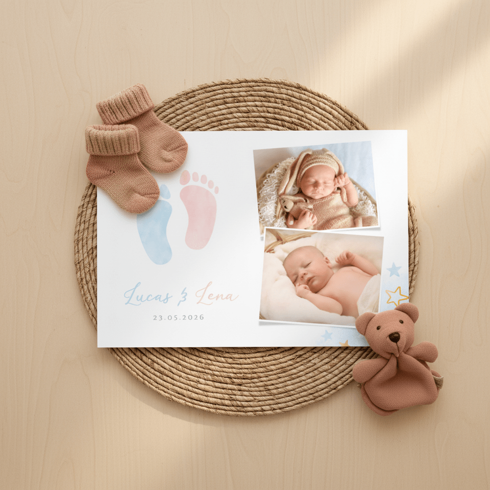 Geboortekaartje tweeling jongen meisje voetjes en foto's