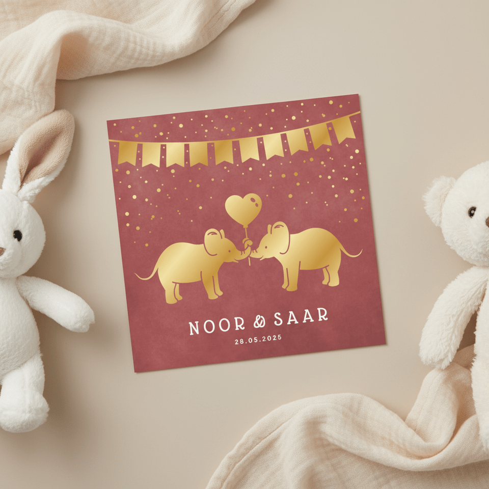 Geboortekaartje tweeling meisjes met 2 gouden olifantjes