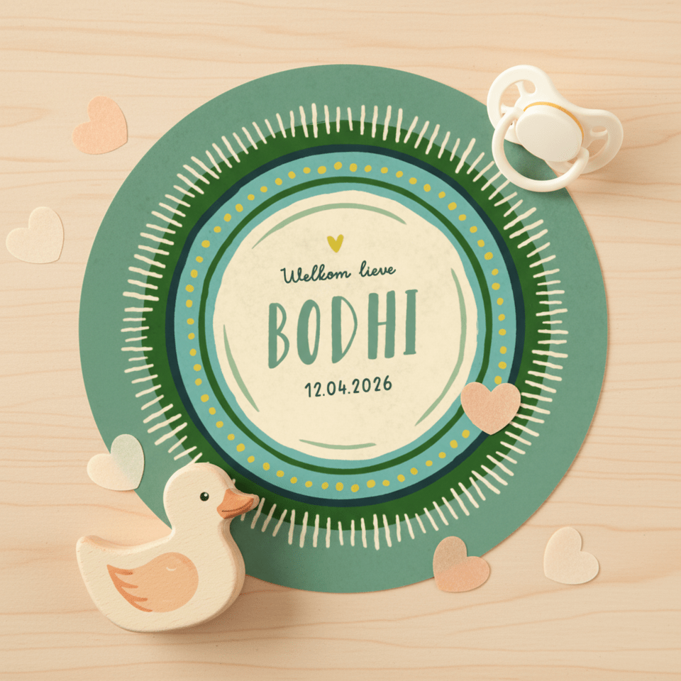 Geboortekaartje uniek bohemian in cirkelvorm groen kader