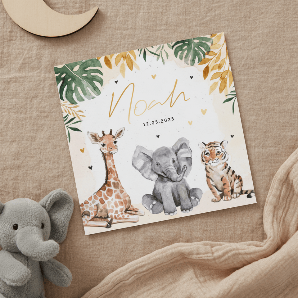 Geboortekaartje unisex dieren jungle giraf olifant tijger