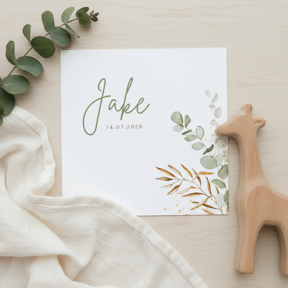 Geboortekaartje unisex eucalyptus goud spetters