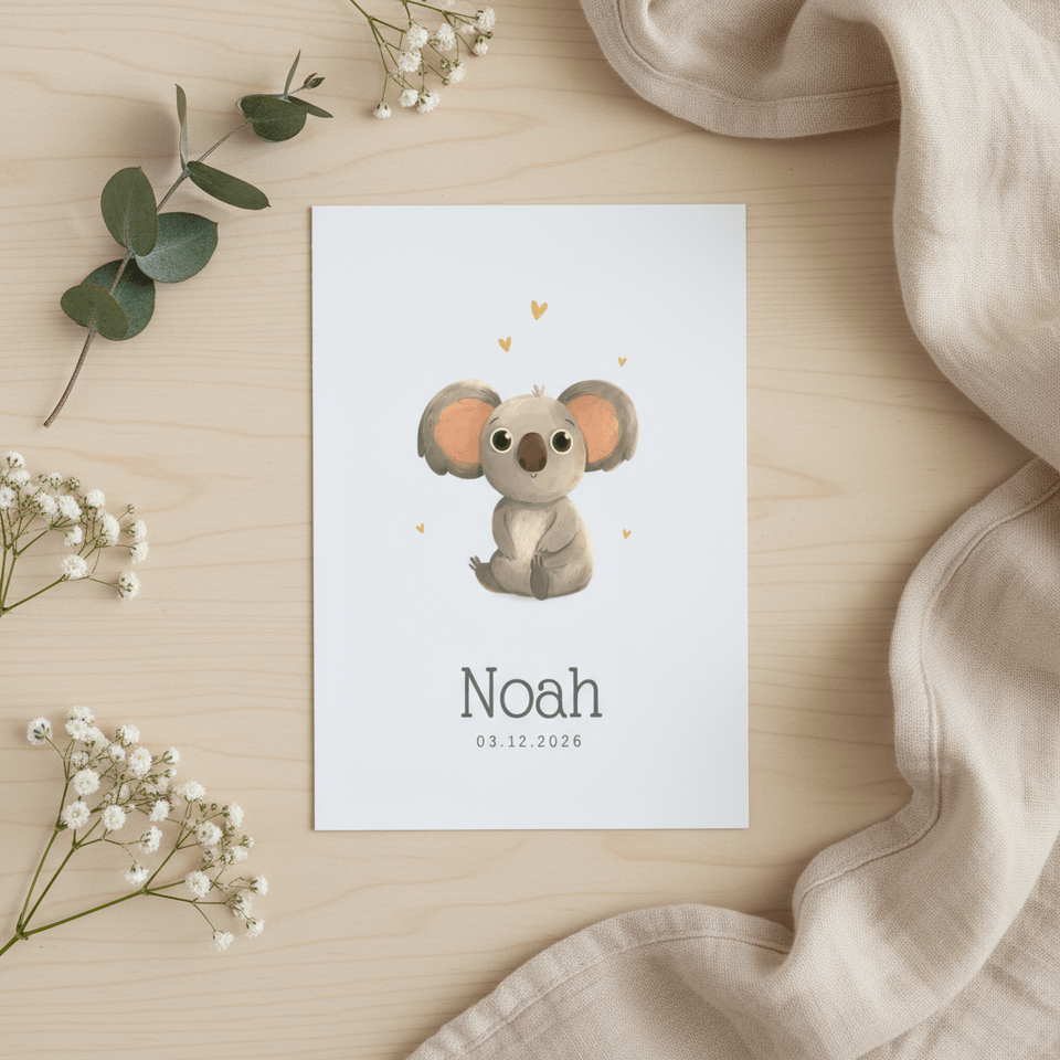 Geboortekaartje unisex koala goud hartjes