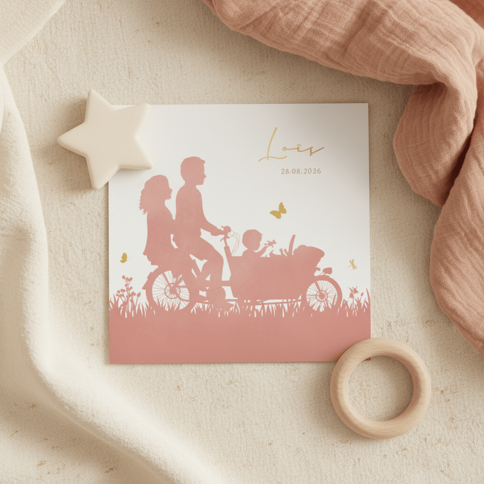 Geboortekaartje van bakfiets met broer en babyzusje