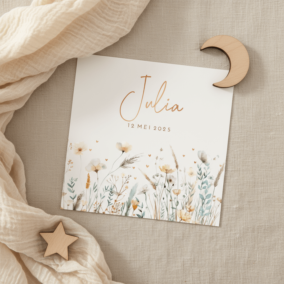 Geboortekaartje veldbloemen met hartjes