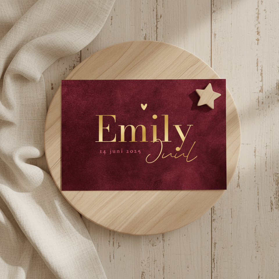 Geboortekaartje velvet robijn roze natuurlijk hartje goud