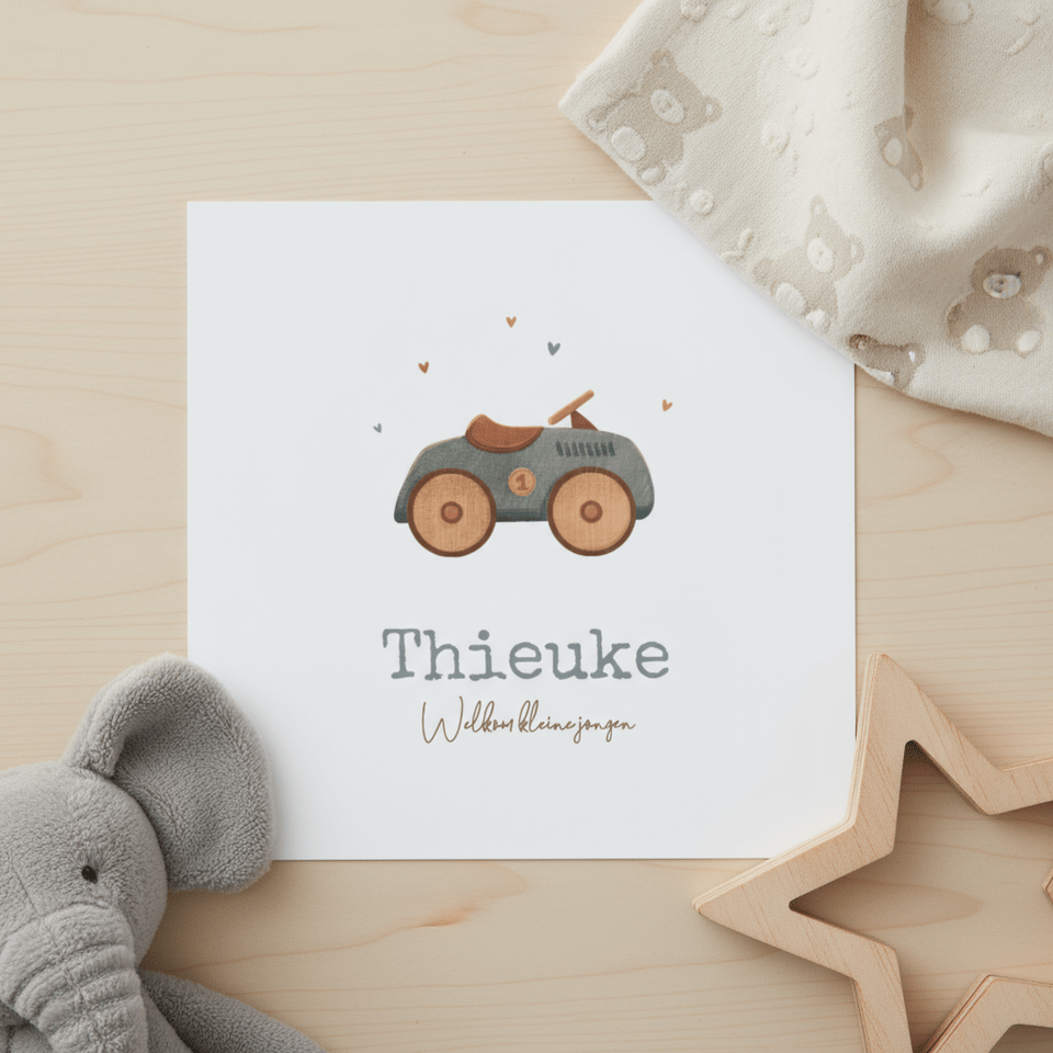 Geboortekaartje vintage jongen auto speelgoed
