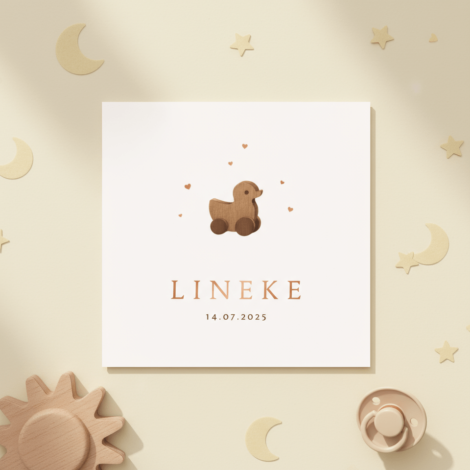 Geboortekaartje vintage loopeend speelgoed hout hartjes