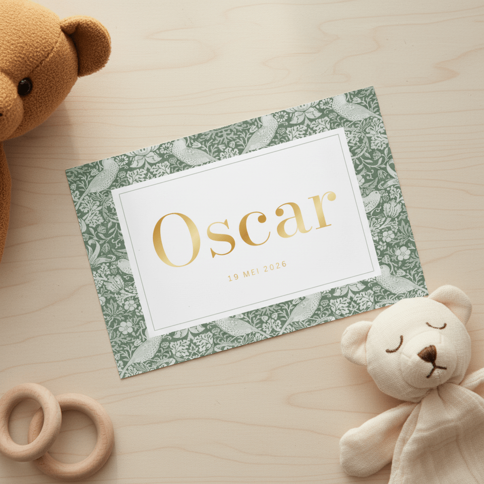 Geboortekaartje vintage vogelpatroon groen
