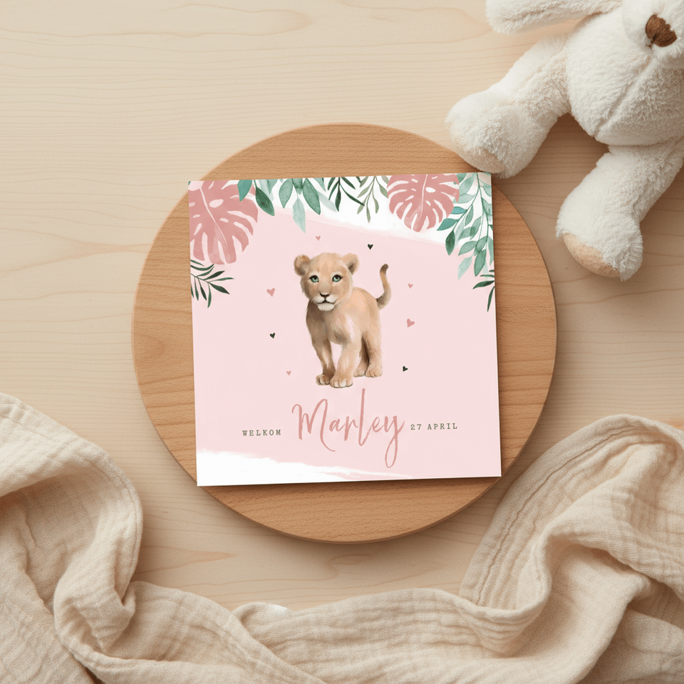 Geboortekaartje waterverf leeuwtje jungle botanisch meisje