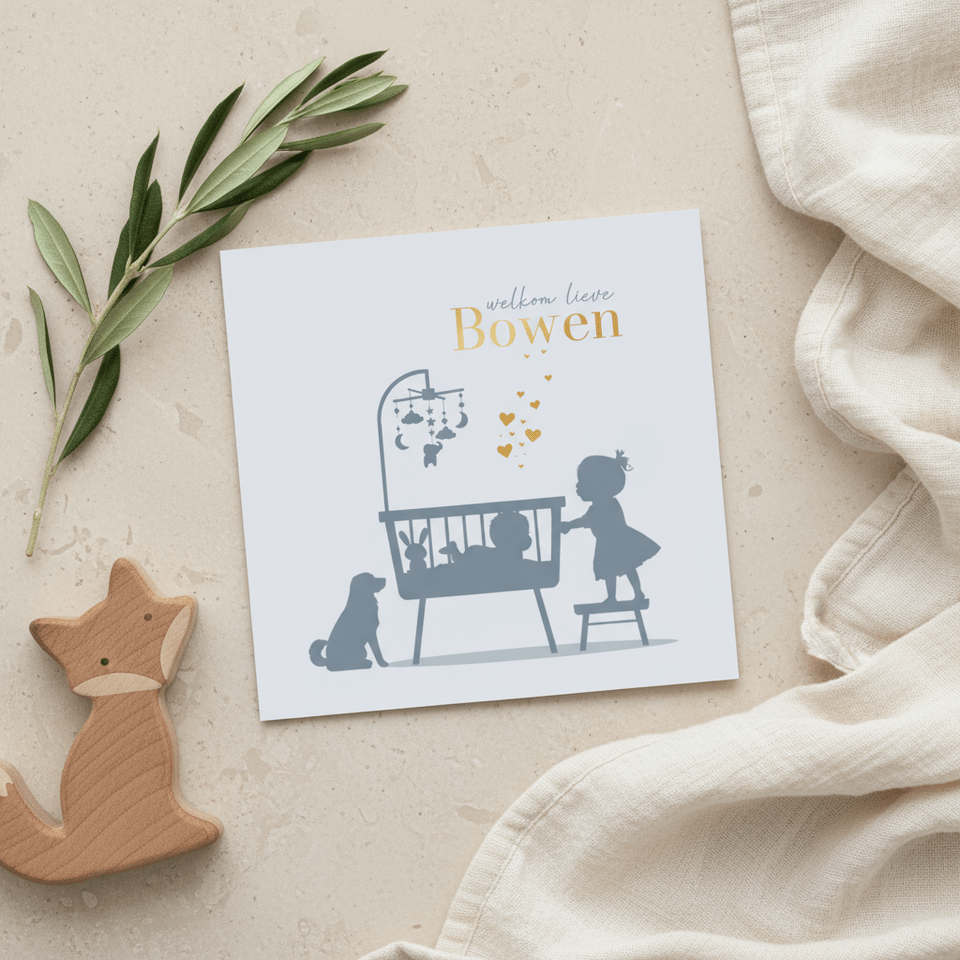 Geboortekaartje wiegje met baby en zusje blauw