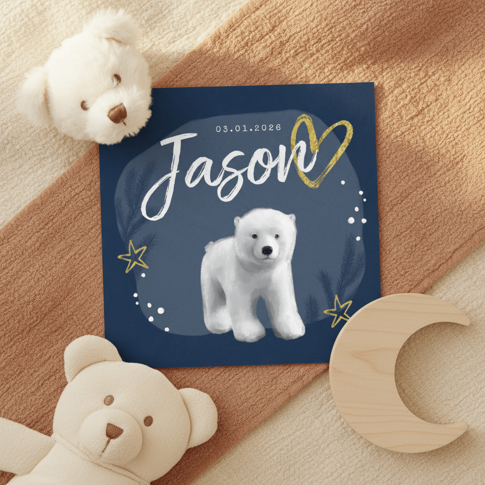 Geboortekaartje winter ijsbeer jongen goud hartje