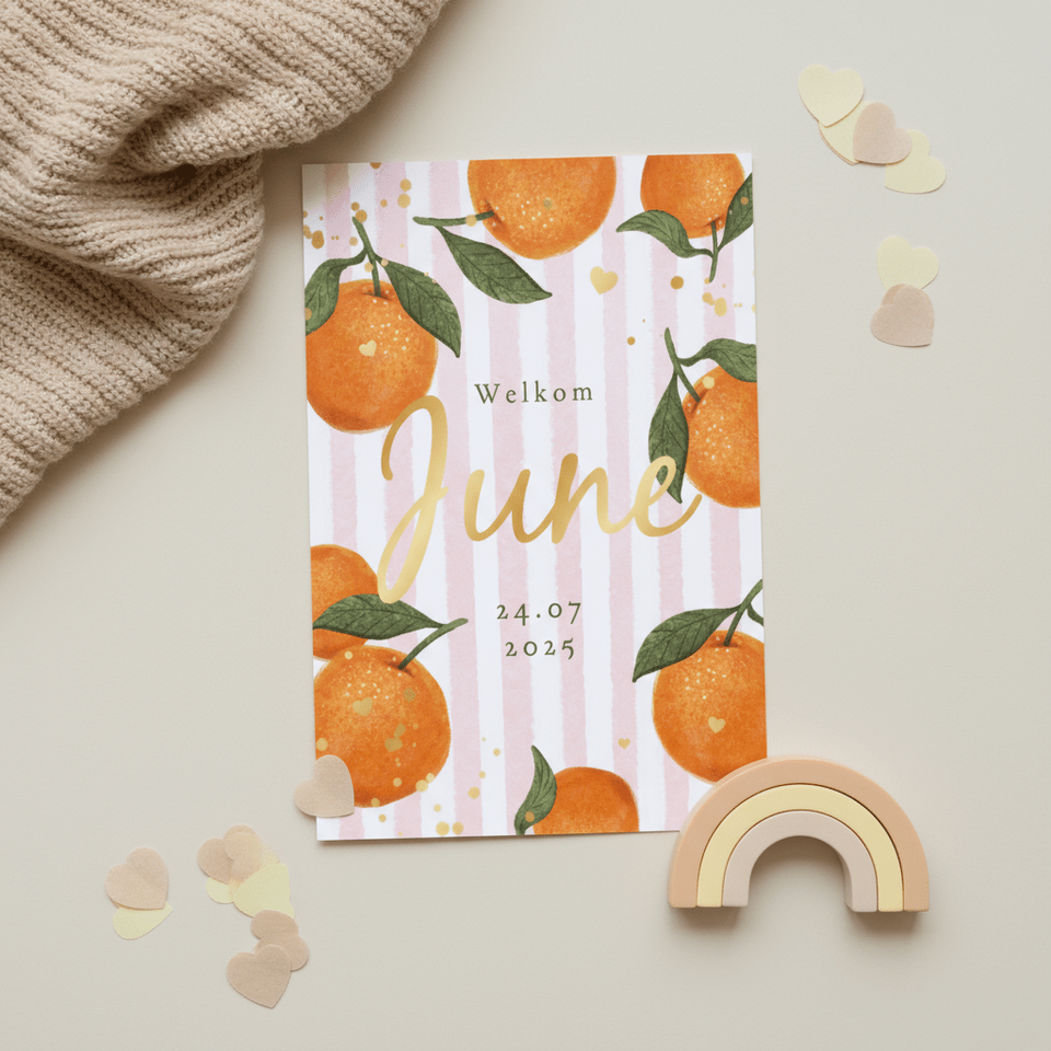 Geboortekaartje zomer meisje mandarijn hartjes goud fruit