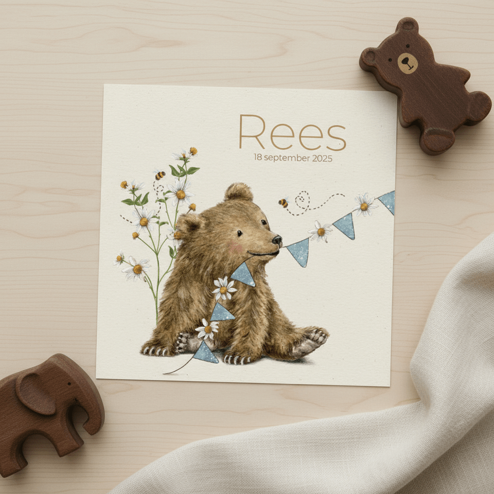 Geboortekaartje zoon met beertje en bijtje tussen de bloemen