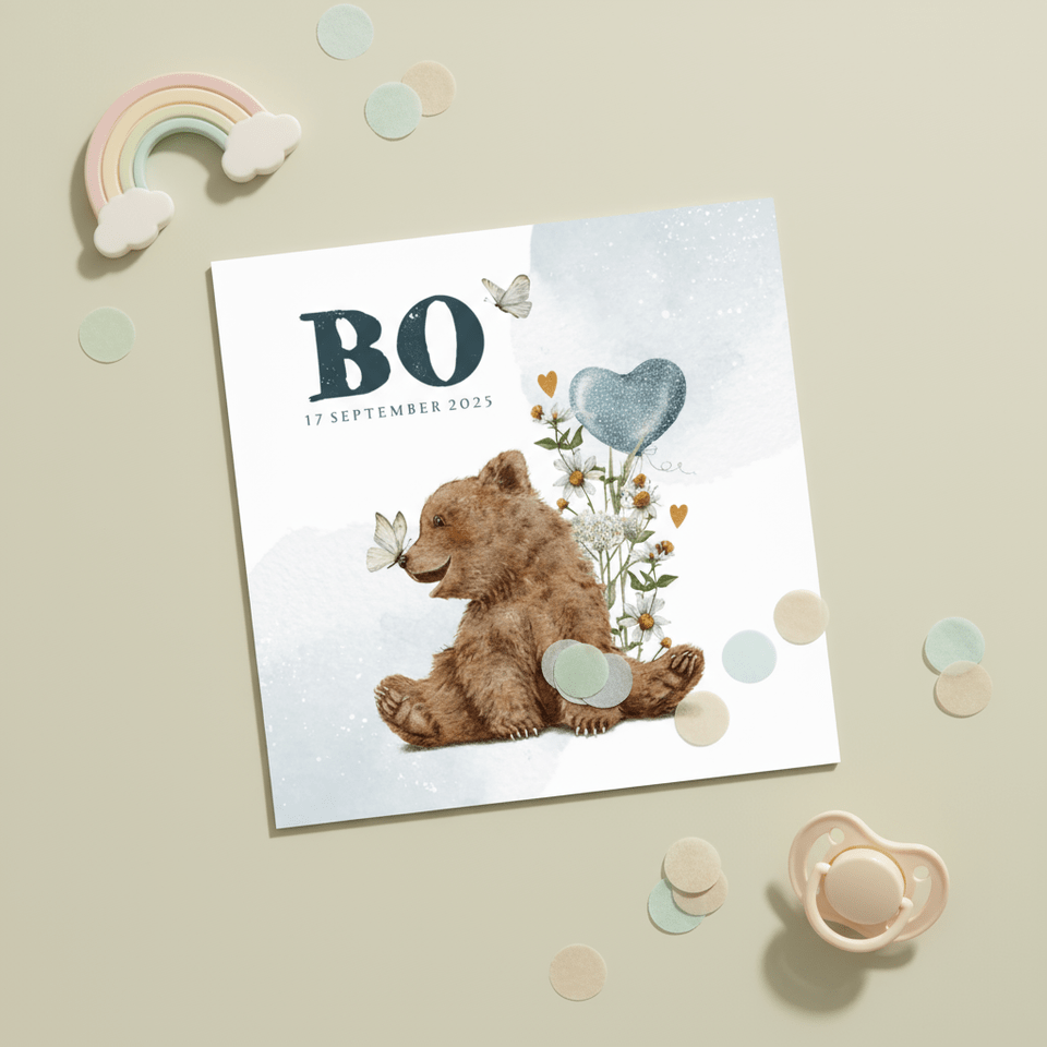 Geboortekaartje zoon met beertje vlinders en ballon