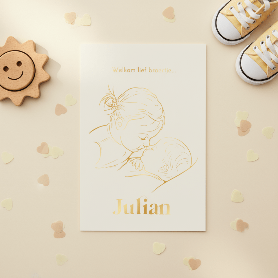 Geboortekaartje zus kust broertje – goudfolie