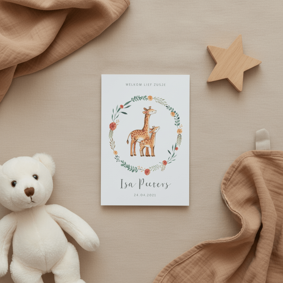 Geboortekaartje zusje lief met twee kleine girafjes