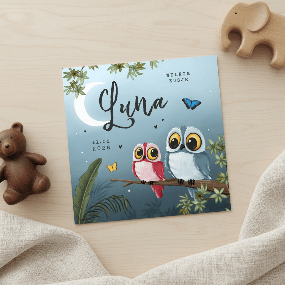 Geboortekaartjes jungle dieren uil maan boom