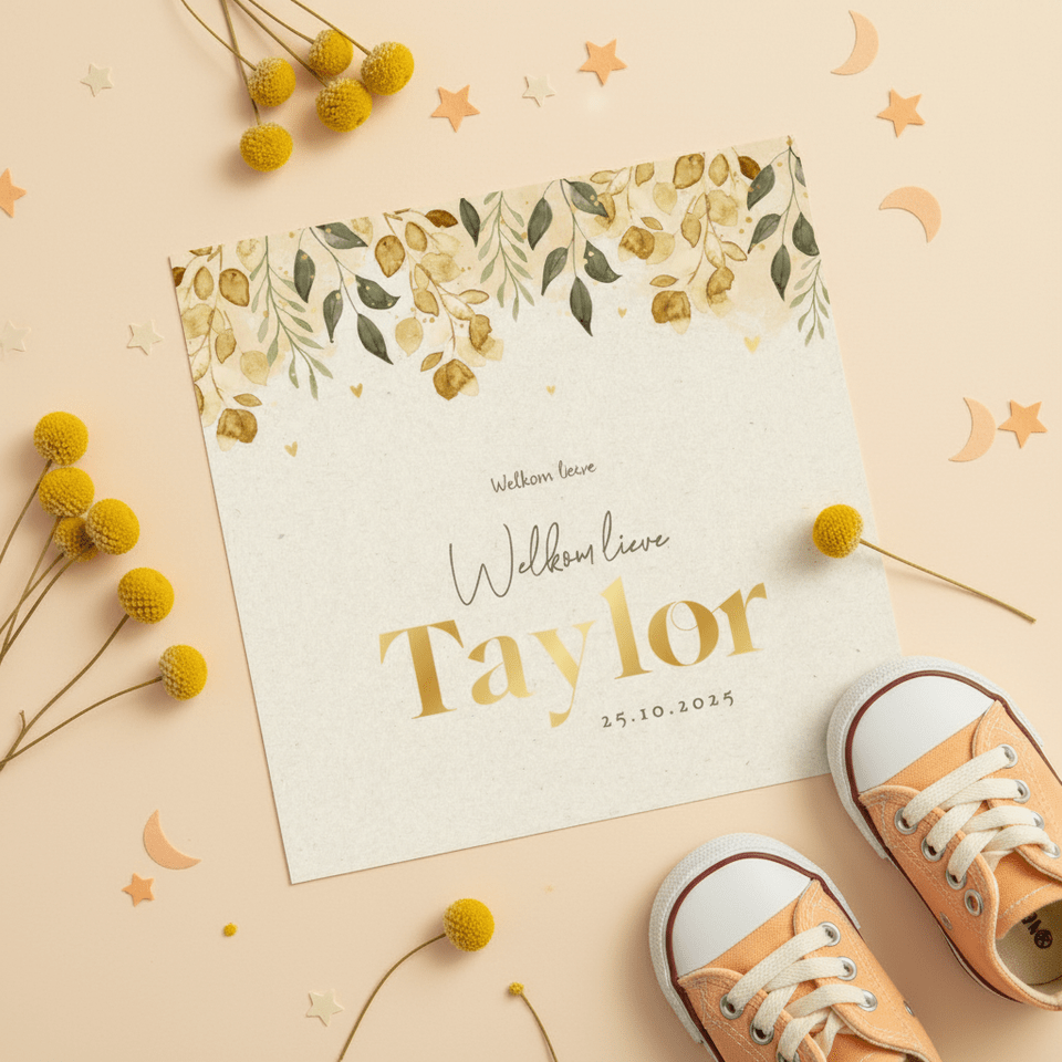 Geboortekaartjes takjes herfst hartjes goud papierlook