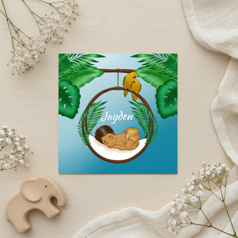 Gekleurd bruin kindje slapend in een wiegje in de jungle 