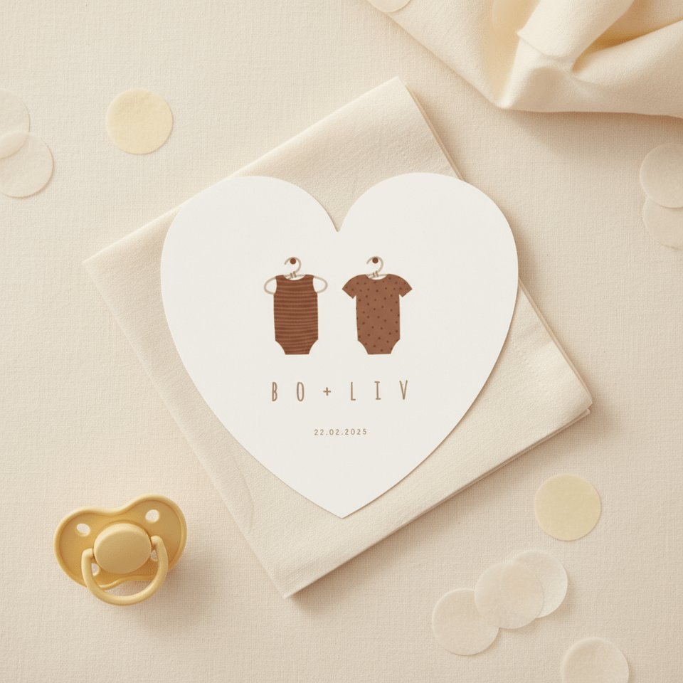 Hartvormig geboortekaartje tweeling met 2 rompertjes