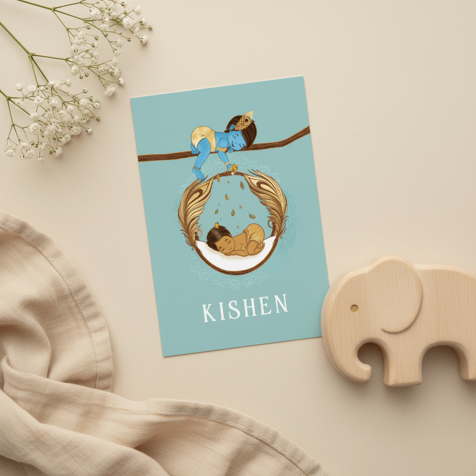 Hindoestaanse geboortekaartje Krishna en baby