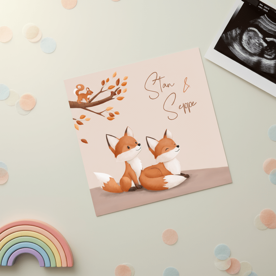 Hip geboortekaartje bosdieren illustratie vosjes tweeling