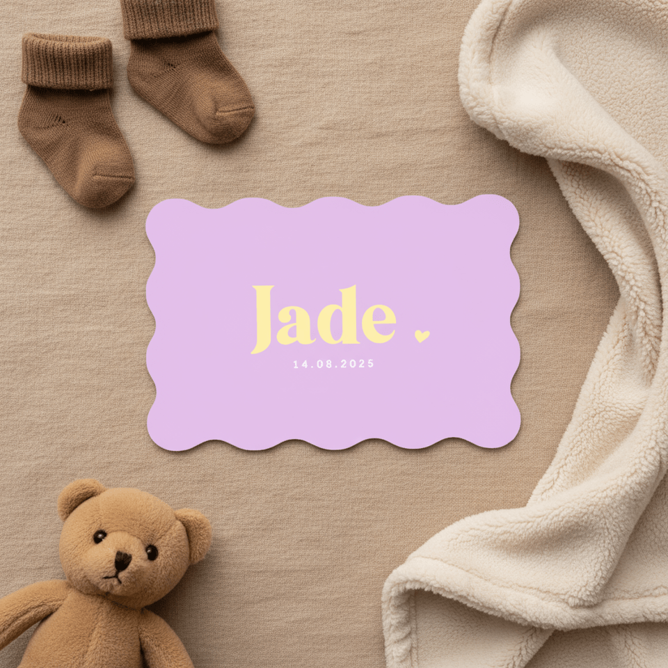 Hip lila colorblocking geboortekaartje meisje golvende rand