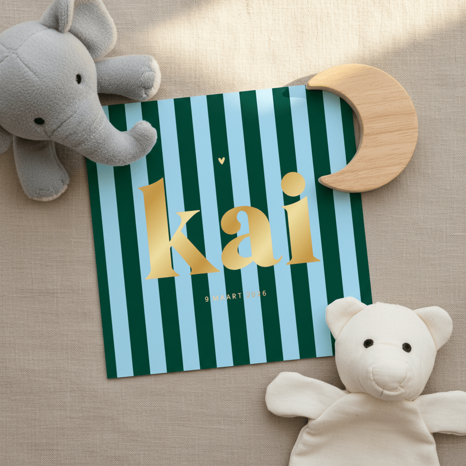 Hip trendy geboortekaartje gestreept blauwgroen hartje goud
