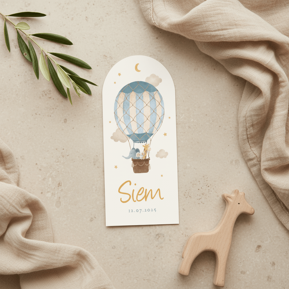 Hoge boogkaart luchtballon dieren vintage sterren geboorte